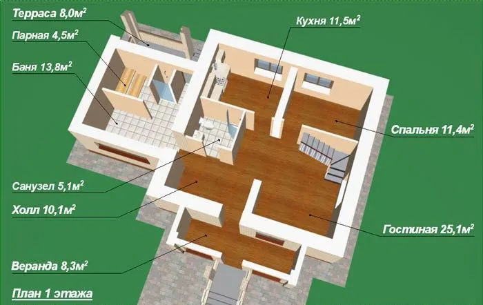 Wannę w takich projektach można zbudować od razu z domem lub dołączyć do niego później