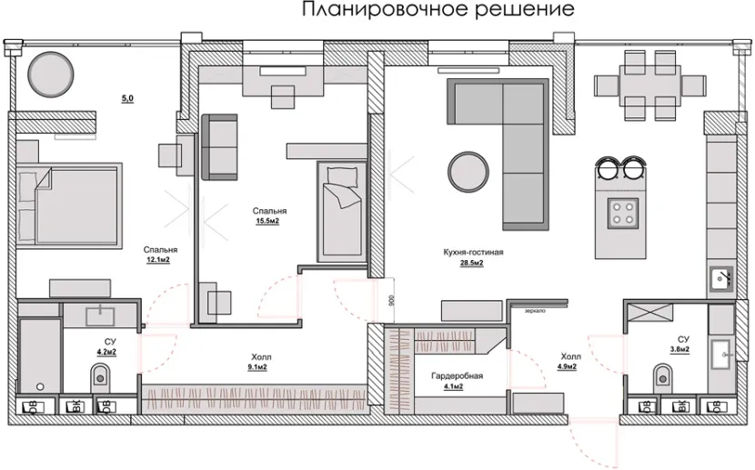 Планування з кухнею-вітальнею