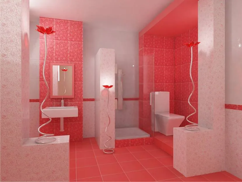 Дизайн душової кімнати, виконаний у світлому кораловому тоні