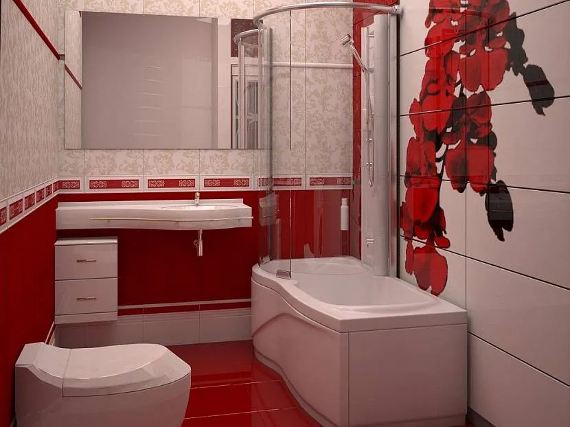 Czerwona łazienka z prysznicem