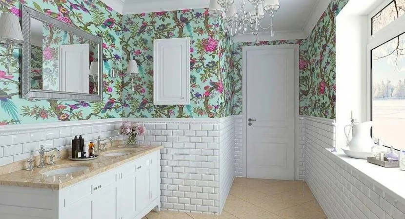 Туалетна кімната з білою глянсовою плиткою та яскравими шпалерами на стінах