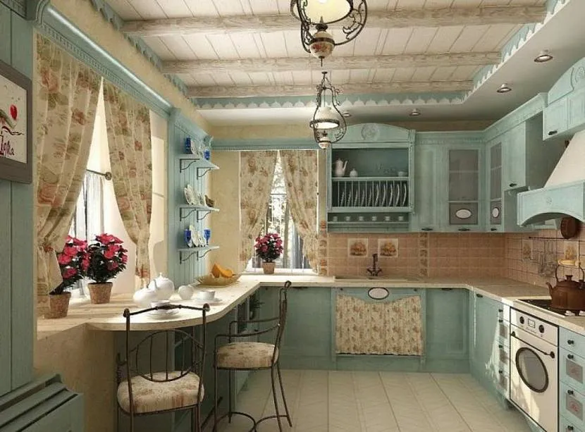 Кухня в стилі прованс із декоративними балками на стелі