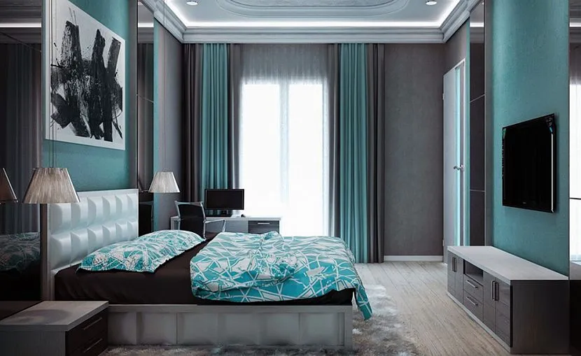 Бірюзовий, коричневий та сірий – ідеальне поєднання для затишної спальні.