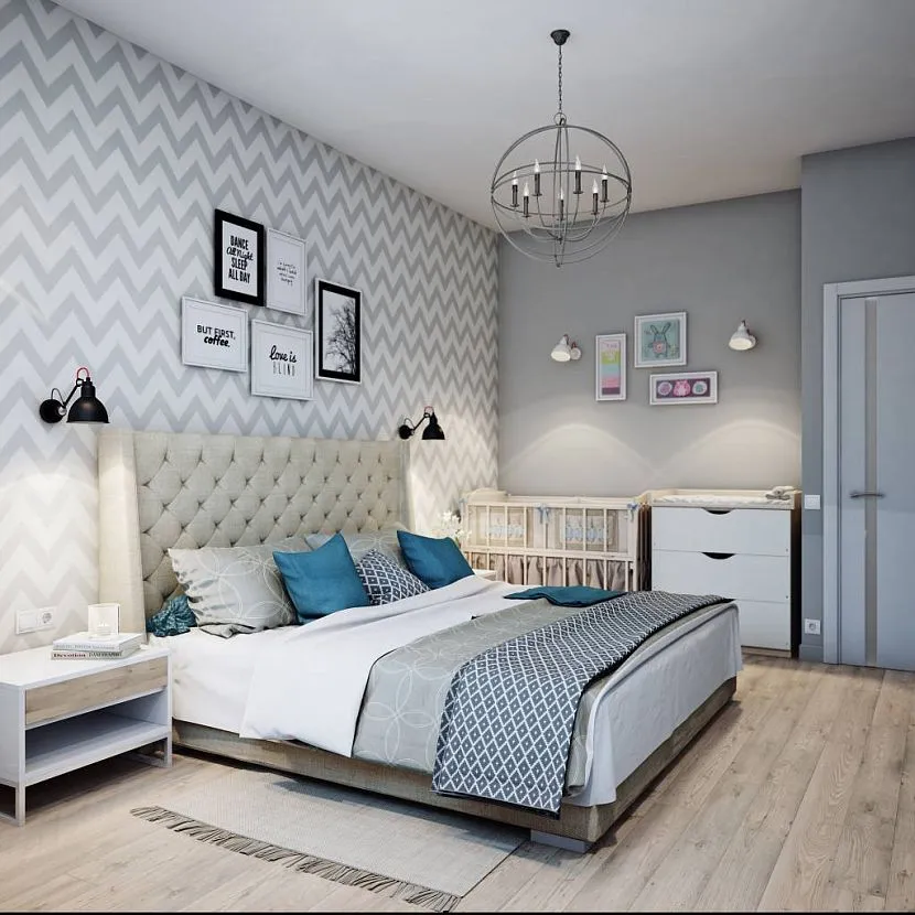 Przytulna sypialnia z elementami dekoracyjnymi w odcieniach szarości