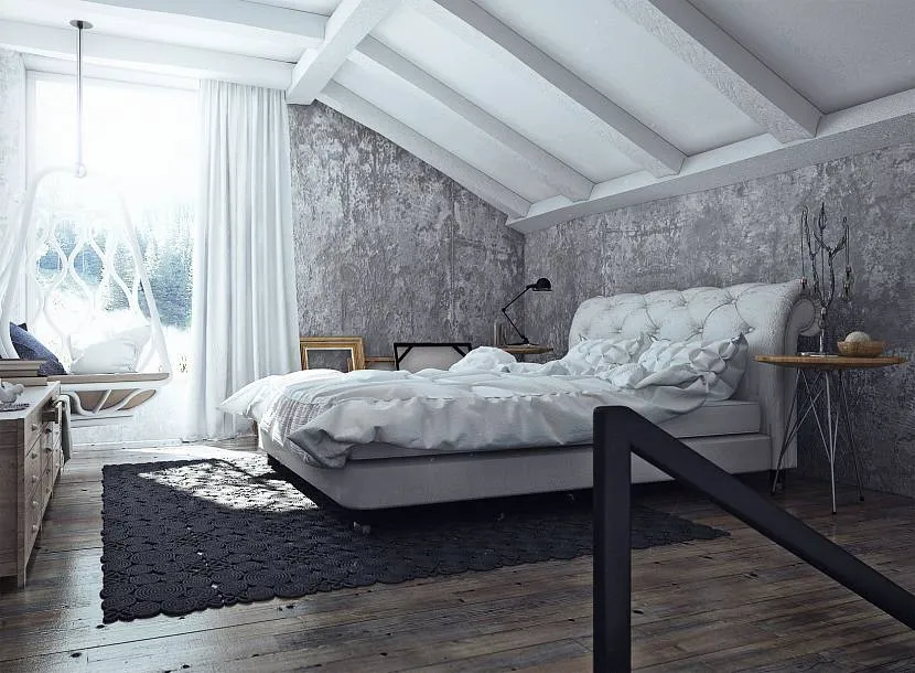 Sypialnia na poddaszu z wiszącym krzesłem w zimnych kolorach
