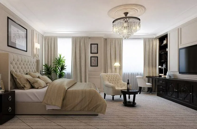 Odcienie jasnego beżu dla stylu neoklasycystycznego we wnętrzu sypialni