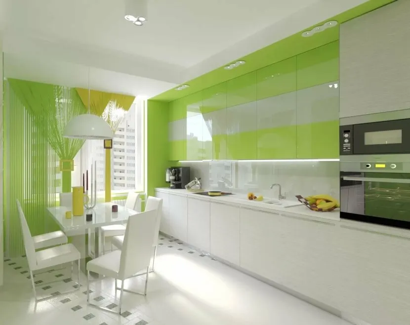 Ніжна кухня в салатовому кольорі у поєднанні з білим
