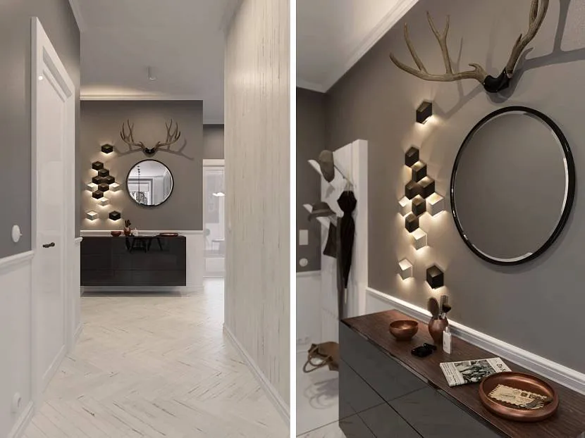 Czerń w połączeniu ze srebrem w stylowym rozwiązaniu do projektowania korytarza