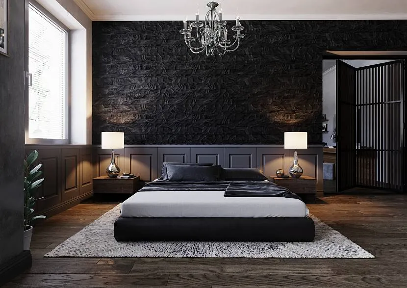 Czarna tłoczona ściana w sypialni