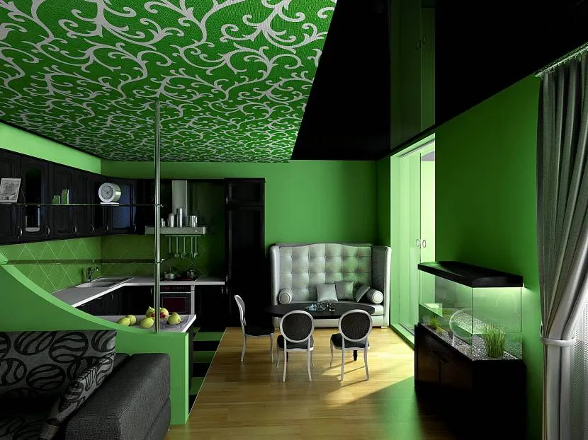 Яскравий чорно-зелений інтер'єр у квартирі-студії