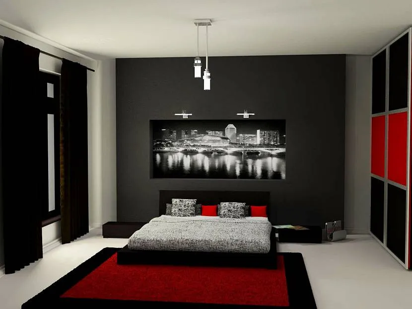 Поєднання чорного та червоного в інтер'єрі спальні