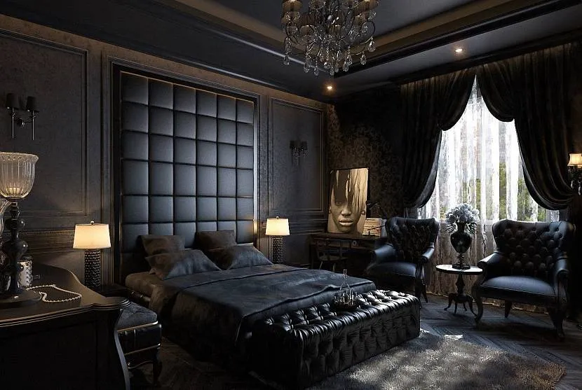 Wnętrze sypialni w kolorze czarnym z łóżkiem z miękkim zagłówkiem