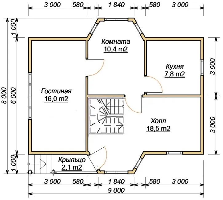 Plan pierwszego piętra domu 8x9 z 2 gzymsami. Wejście do budynku znajduje się w ścianie wykusza.