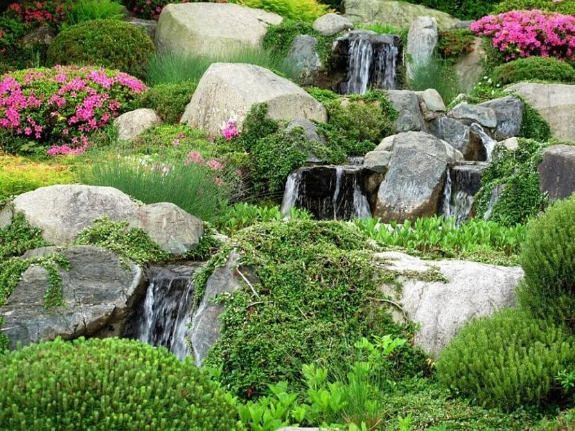 Wysoki ogród skalny z wodospadem