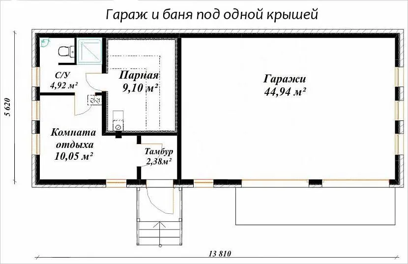 Проект зручної лазні, поєднаної з гаражем глухим муром