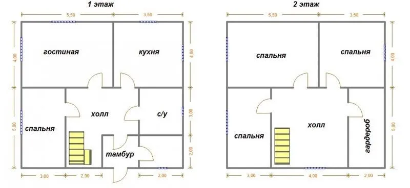 Один із варіантів планування двоповерхового котеджу 10 на 10