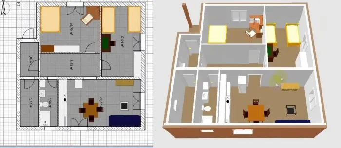 Приклад об'єднаних кухні та вітальні – план та 3D модель