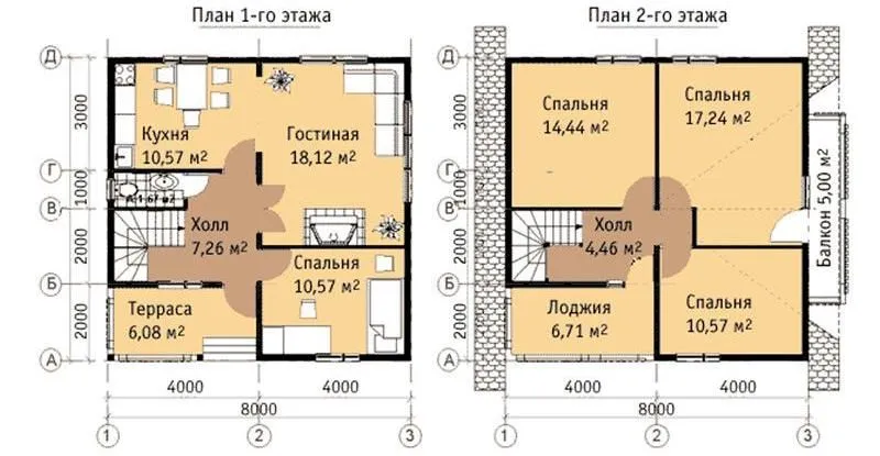 План класичного двоповерхового будинку з бруса з балконом, лоджією та терасою