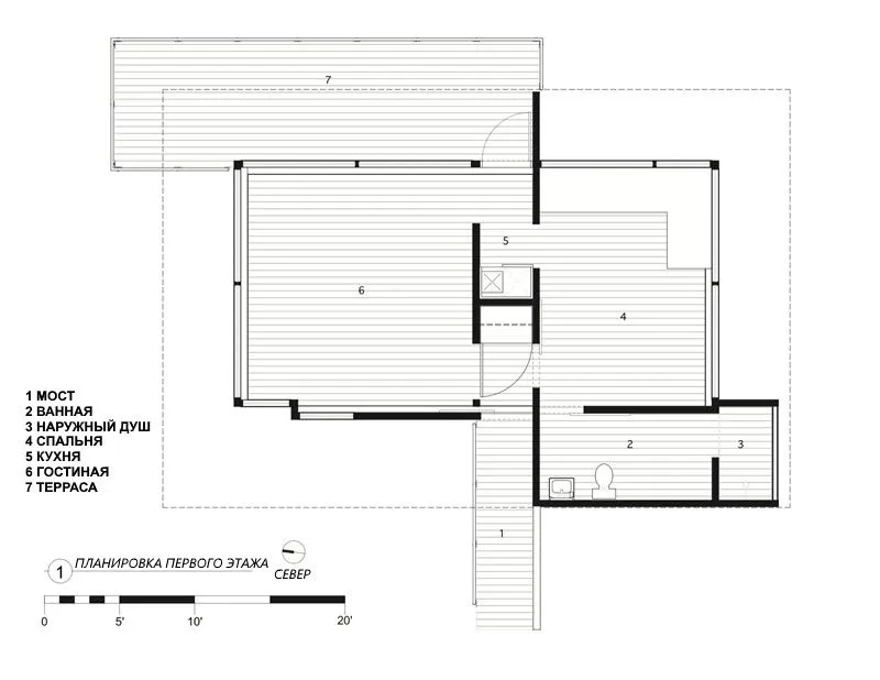 Architekci opracowali dom z pełnym układem: sypialnia, salon, łazienka, kuchnia i taras