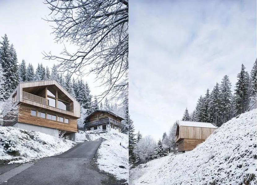 Dom górski wtapia się w krajobraz w śnieżną zimę